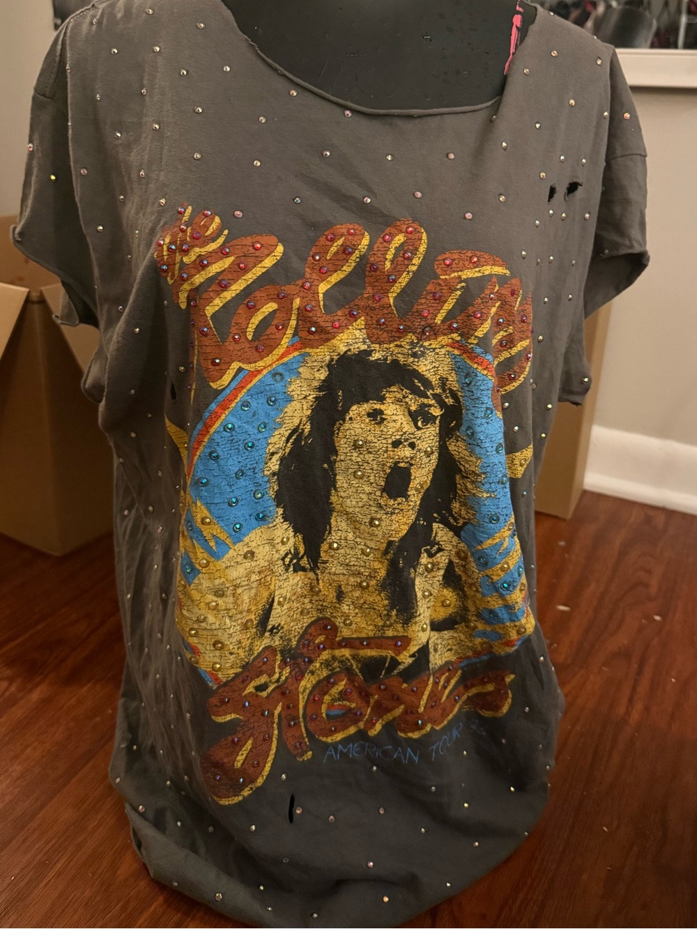 the Rolling Stones Gray Hand Rhinestoned & Distressed band tee